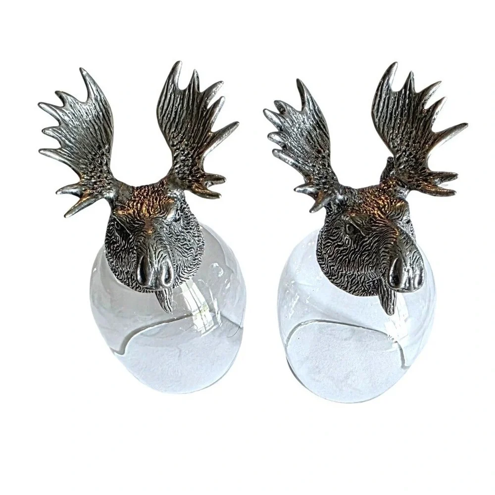 Shot Glass Set Moose Head Pewter Base Cabin Decor Silver Clear